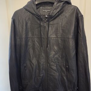 Saks Fifth Avenue Black Hooded Perforated Leather Jacket